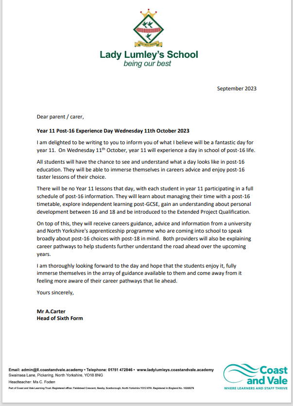 Sixth Form Post-16 Letter